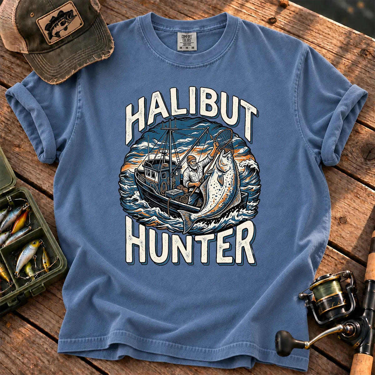Halibut Hunter Fishing T-Shirt in Blue Jean