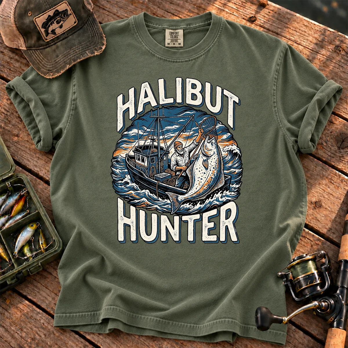 Halibut Hunter Fishing T-Shirt in Moss
