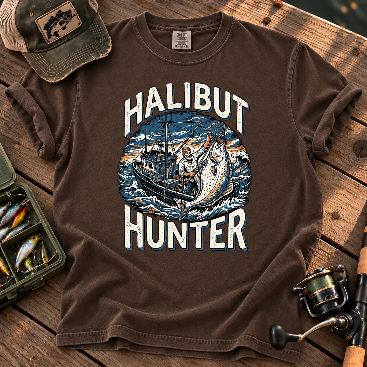Halibut Hunter Fishing T-Shirt in Espresso