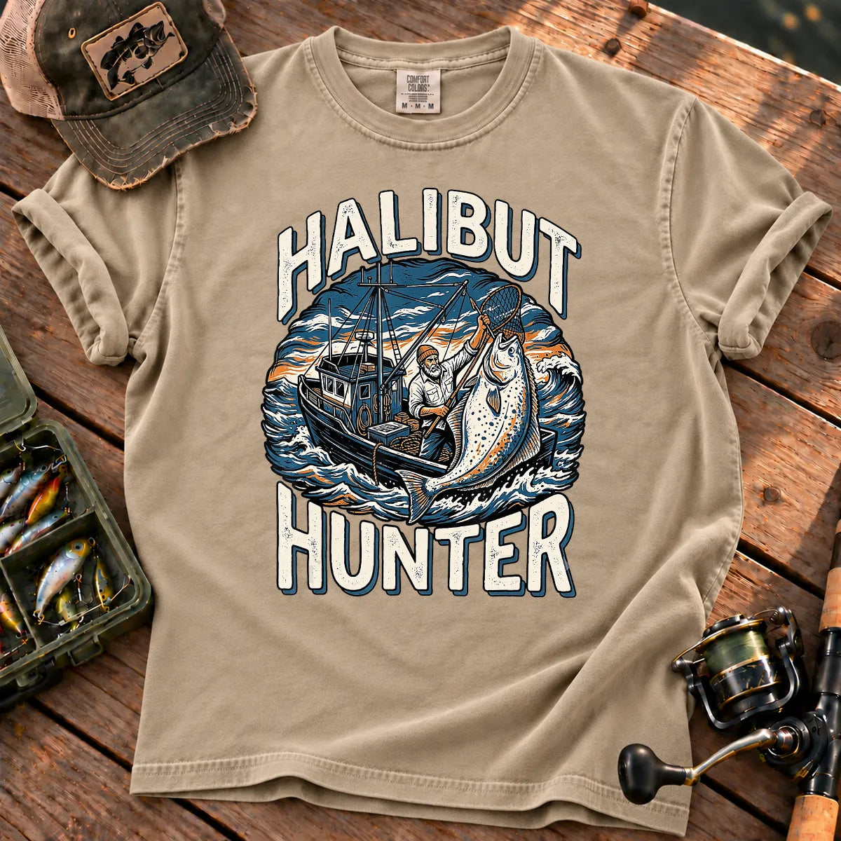 Halibut Hunter Fishing T-Shirt in Sandstone