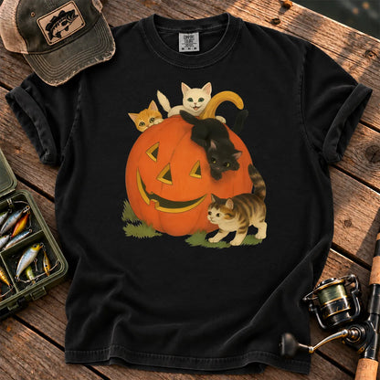 Halloween Cats and Pumpkin T-Shirt in Black