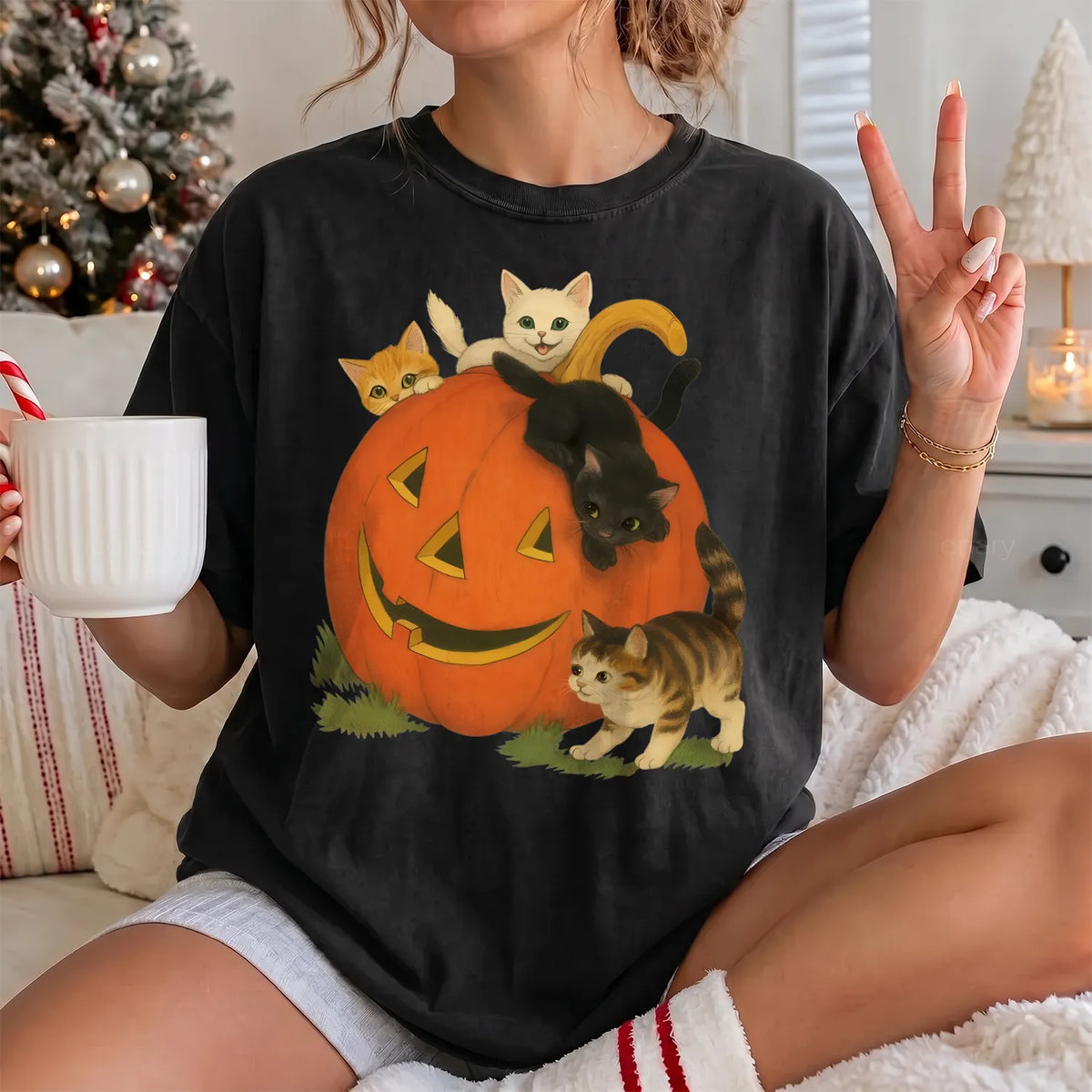 Halloween Cats and Pumpkin T-Shirt Women model in Black