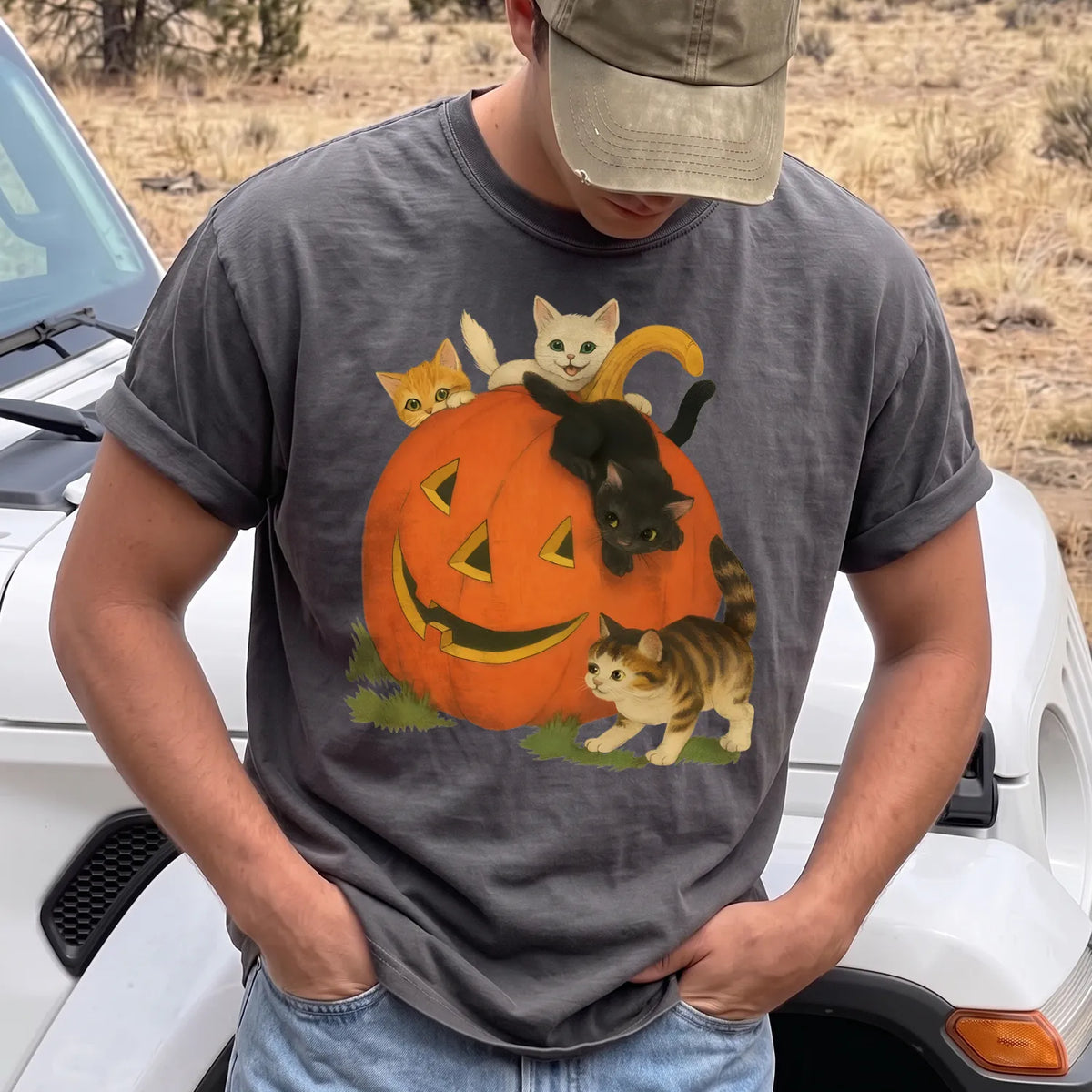 Halloween Cats and Pumpkin T-Shirt Men model in Pepper