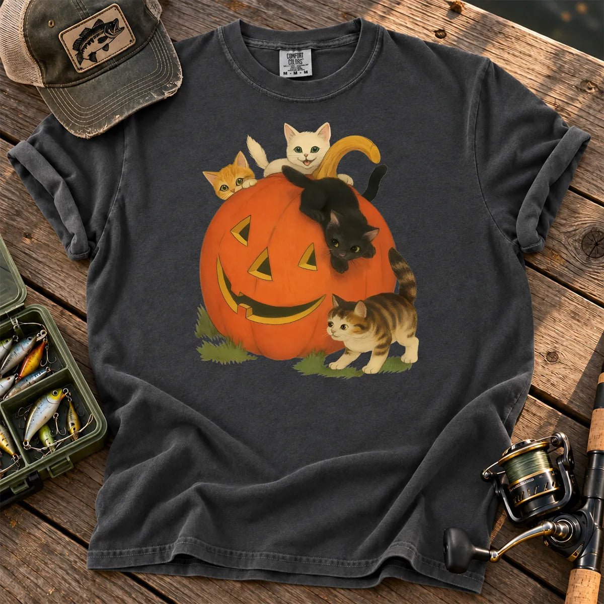 Halloween Cats and Pumpkin T-Shirt in Pepper