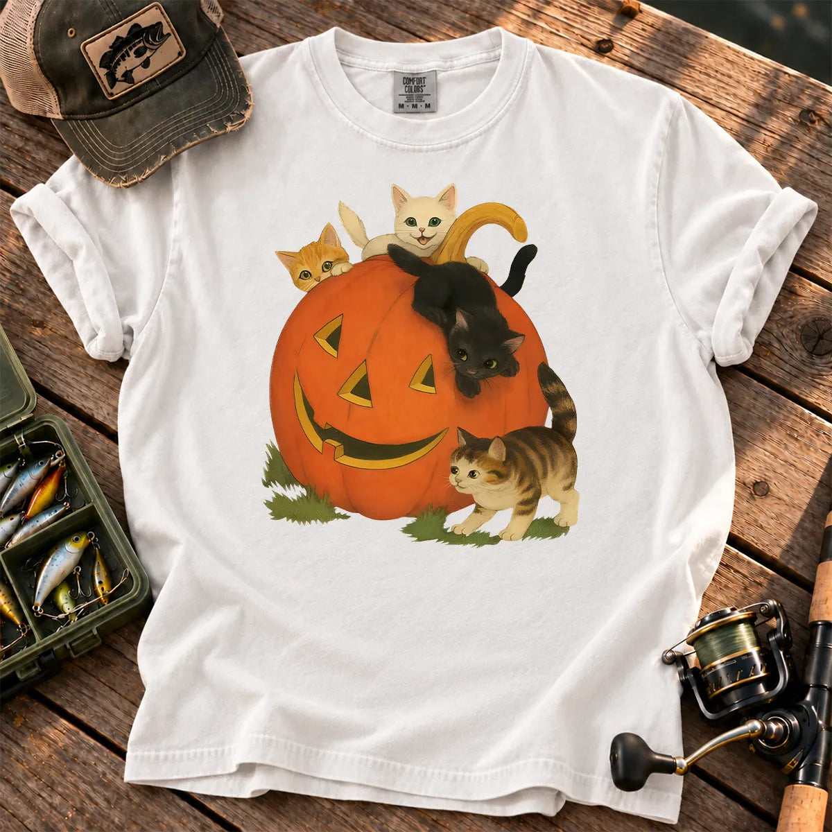 Halloween Cats and Pumpkin T-Shirt in White