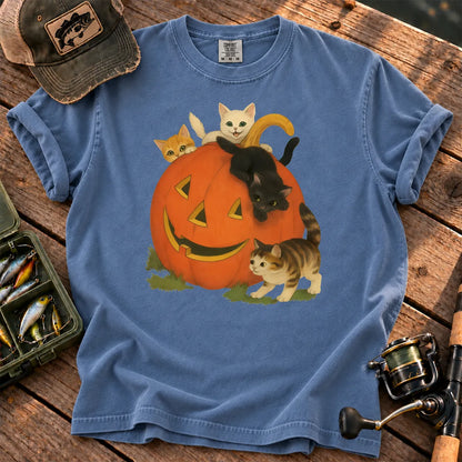 Halloween Cats and Pumpkin T-Shirt in Blue Jean