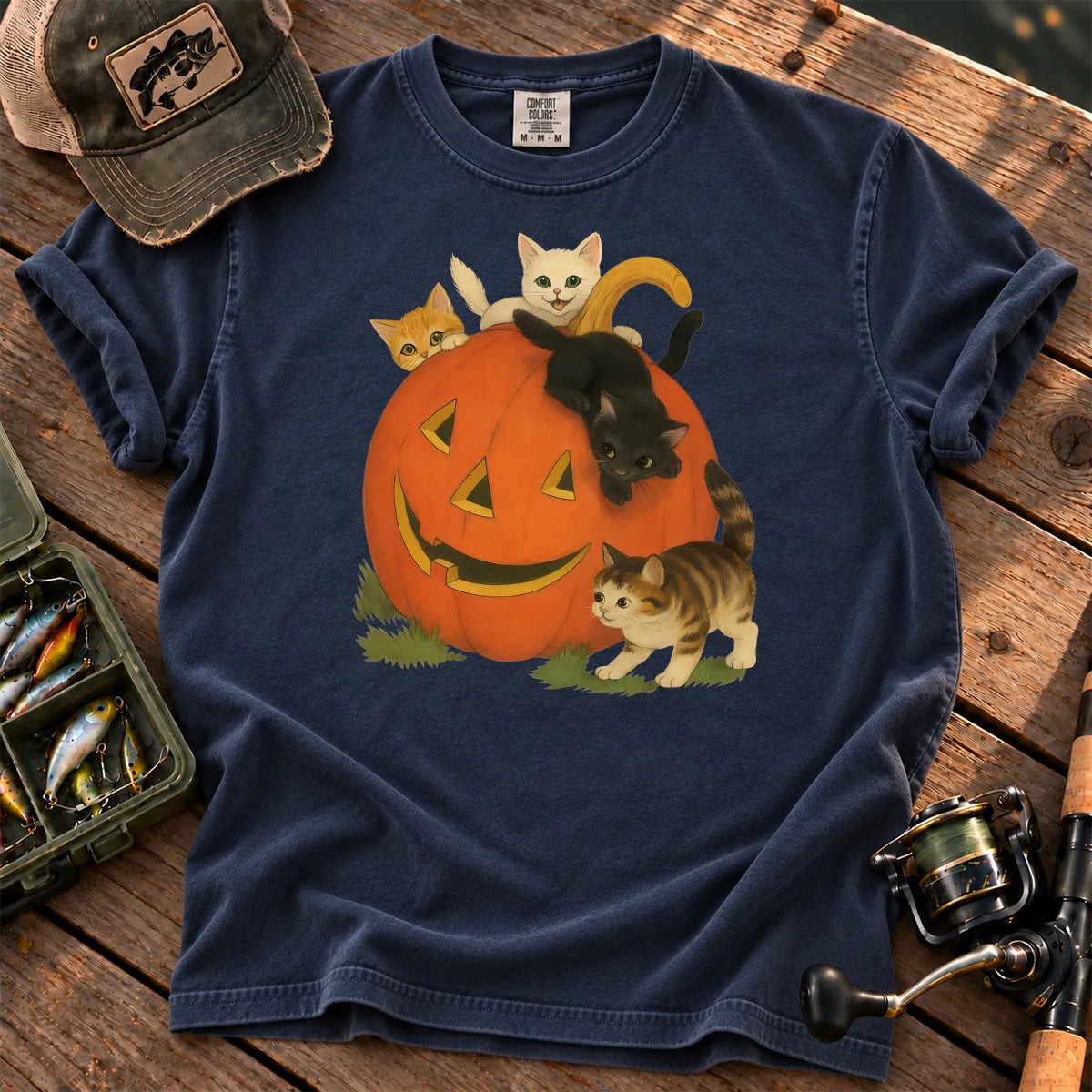 Halloween Cats and Pumpkin T-Shirt in True Navy