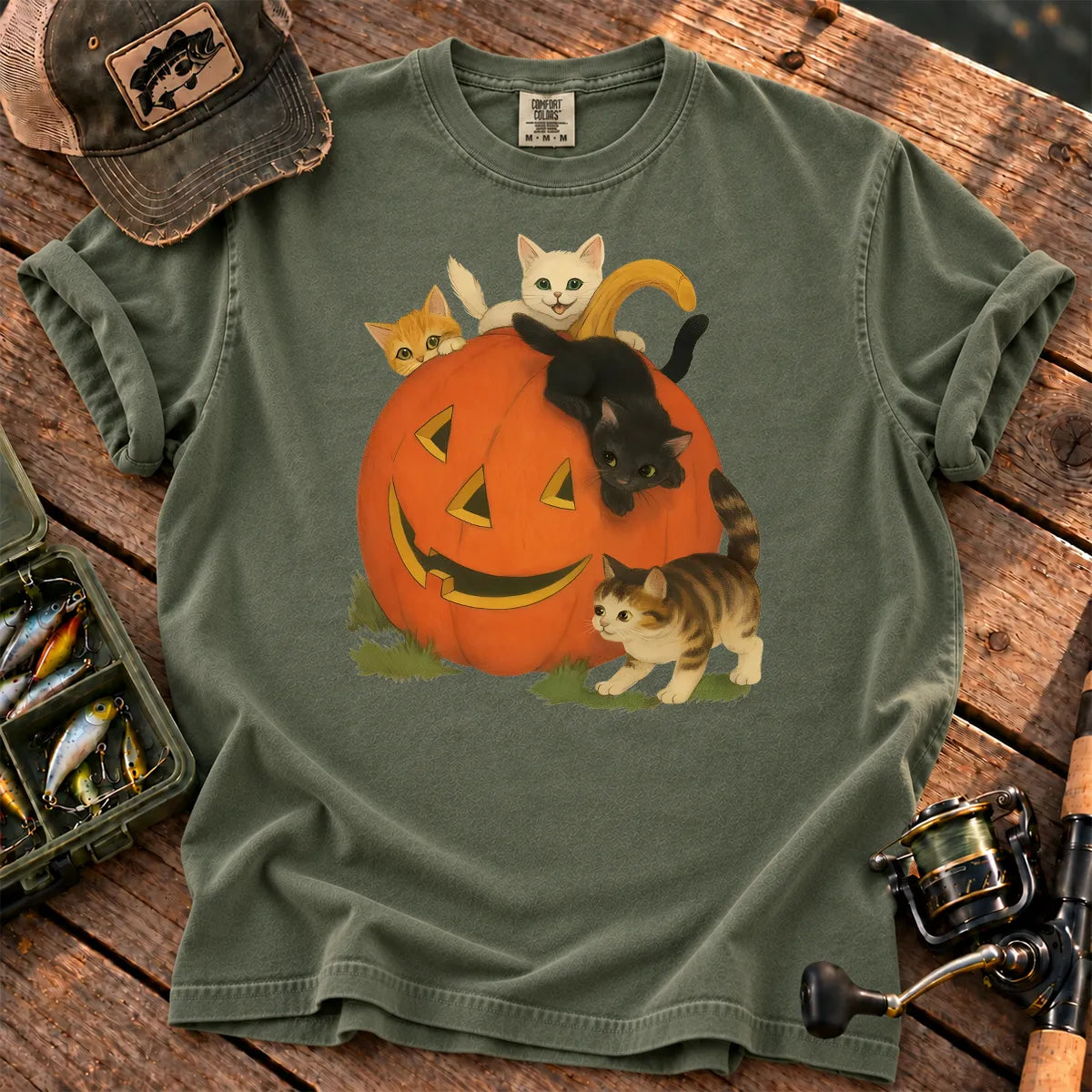 Halloween Cats and Pumpkin T-Shirt in Moss