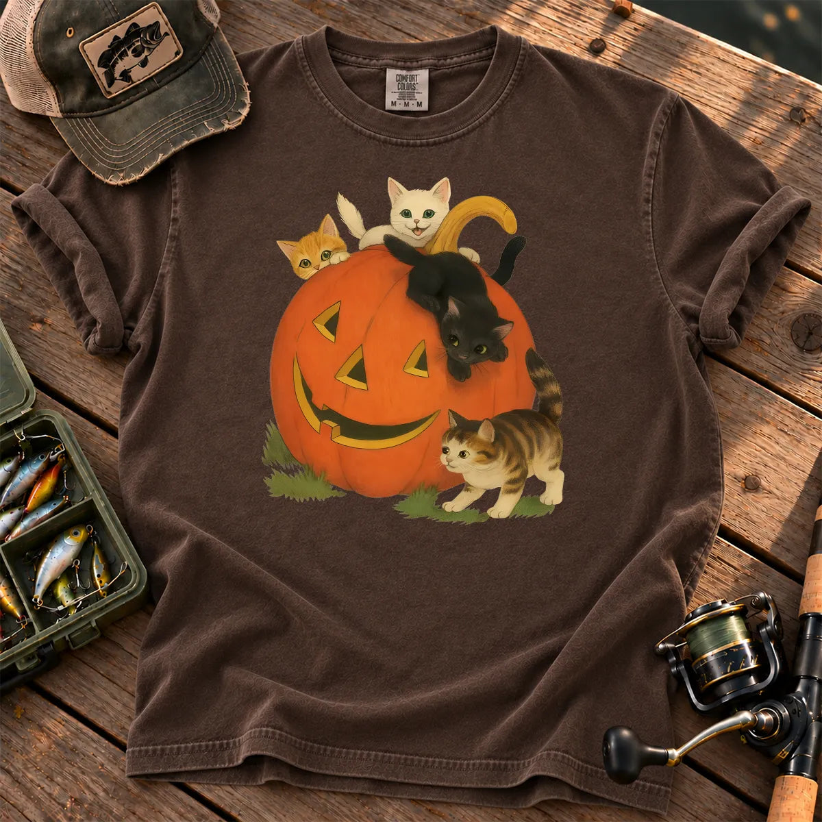 Halloween Cats and Pumpkin T-Shirt in Espresso