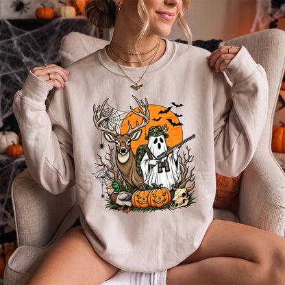 Halloween Deer Hunter Ghost Sweatshirt Women model in Sand