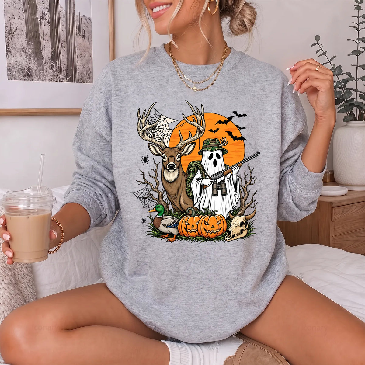 Halloween Deer Hunter Ghost Sweatshirt Women model in Sport Grey