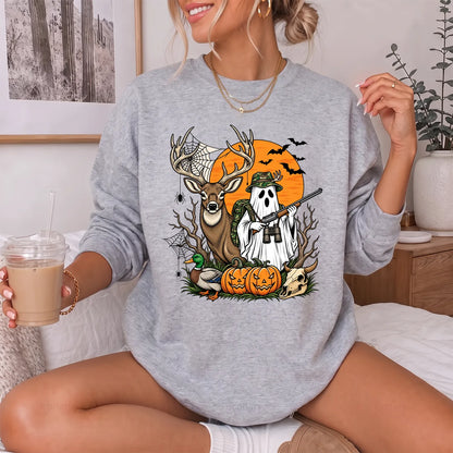 Halloween Deer Hunter Ghost Sweatshirt Women model in Sport Grey