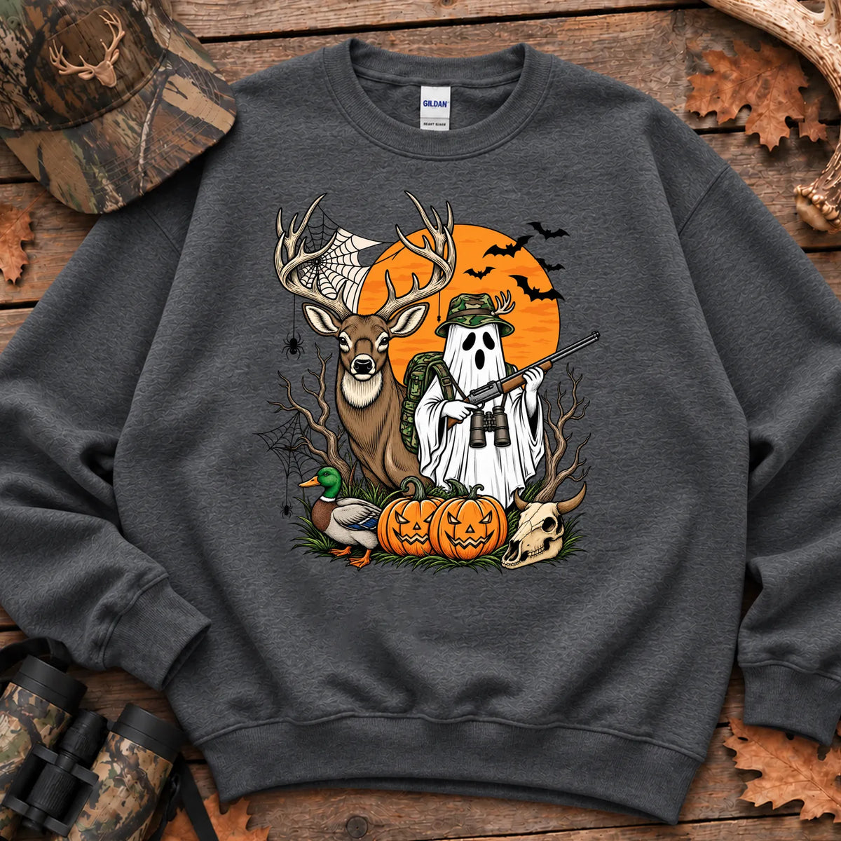 Halloween Deer Hunter Ghost Sweatshirt in Dark Heather