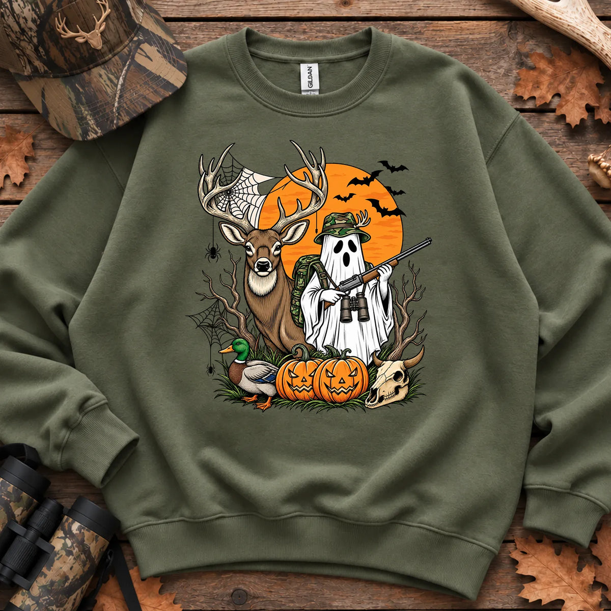 Halloween Deer Hunter Ghost Sweatshirt in Military Green