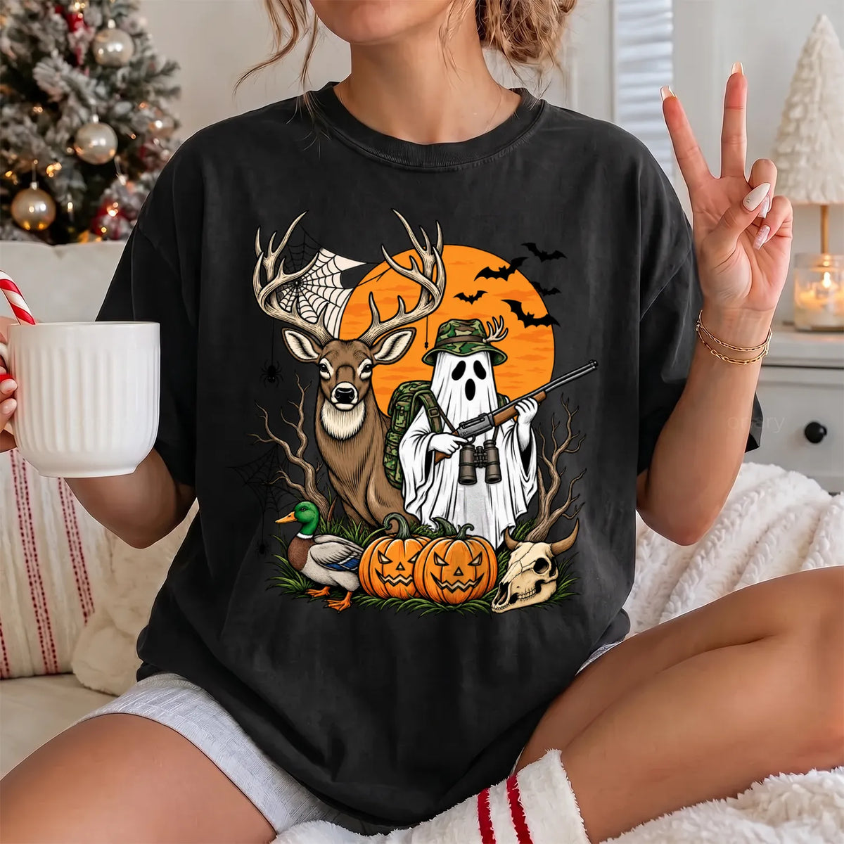 Halloween Deer Hunting T-Shirt Women model in Black