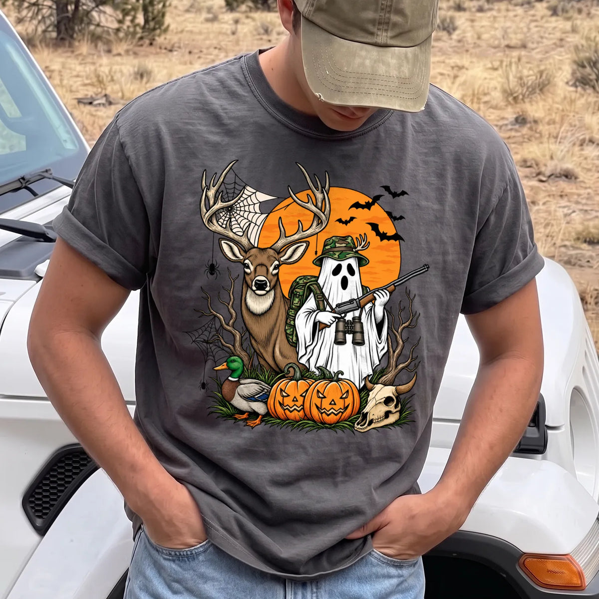 Halloween Deer Hunting T-Shirt Men model in Pepper