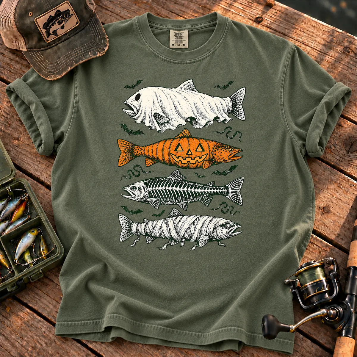 Halloween Monster Fish T-Shirt in Moss
