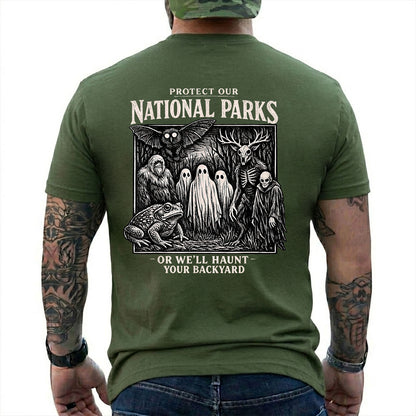 Military Green T-shirt back with black-and-white cryptid collage with ghosts, Bigfoot, Mothman, a frog, and skeletal figures