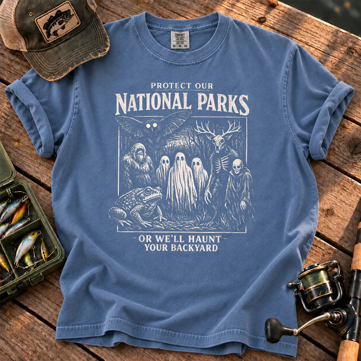 Haunt Your Backyard Cryptid National Parks T-Shirt in Blue Jean