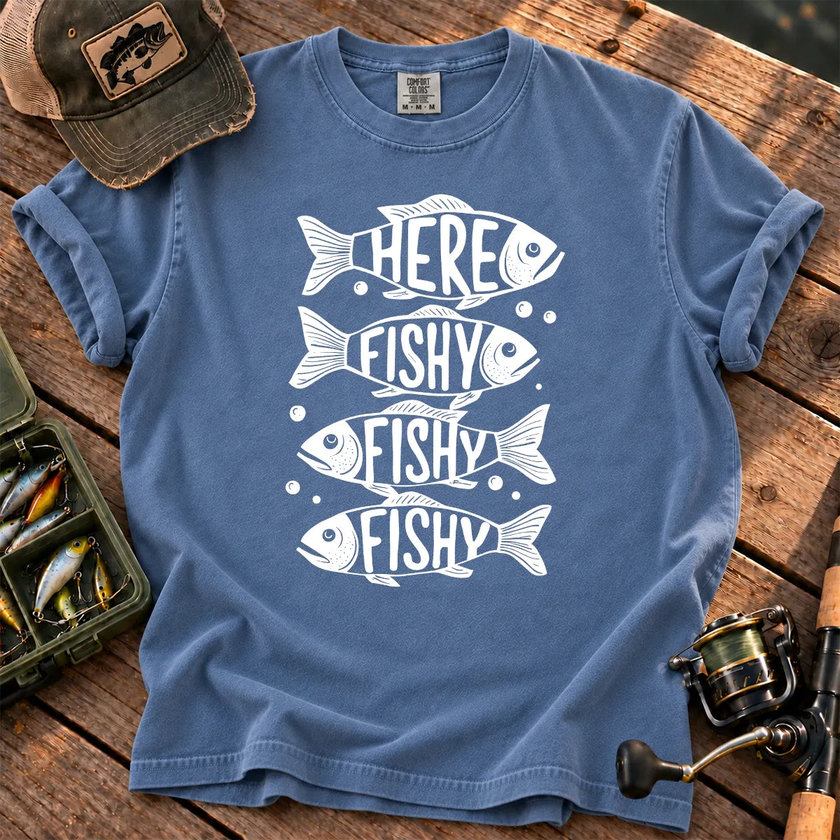 Here Fishy Fishy Stack T-Shirt in Blue Jean