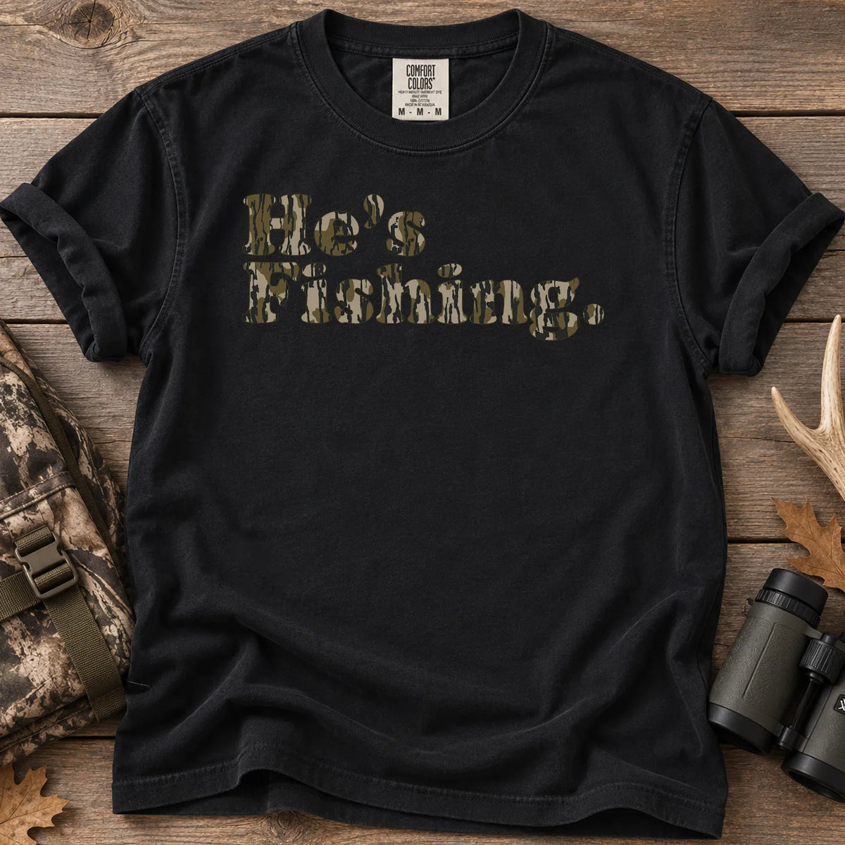 He's Fishing Camo Block T-Shirt in Black