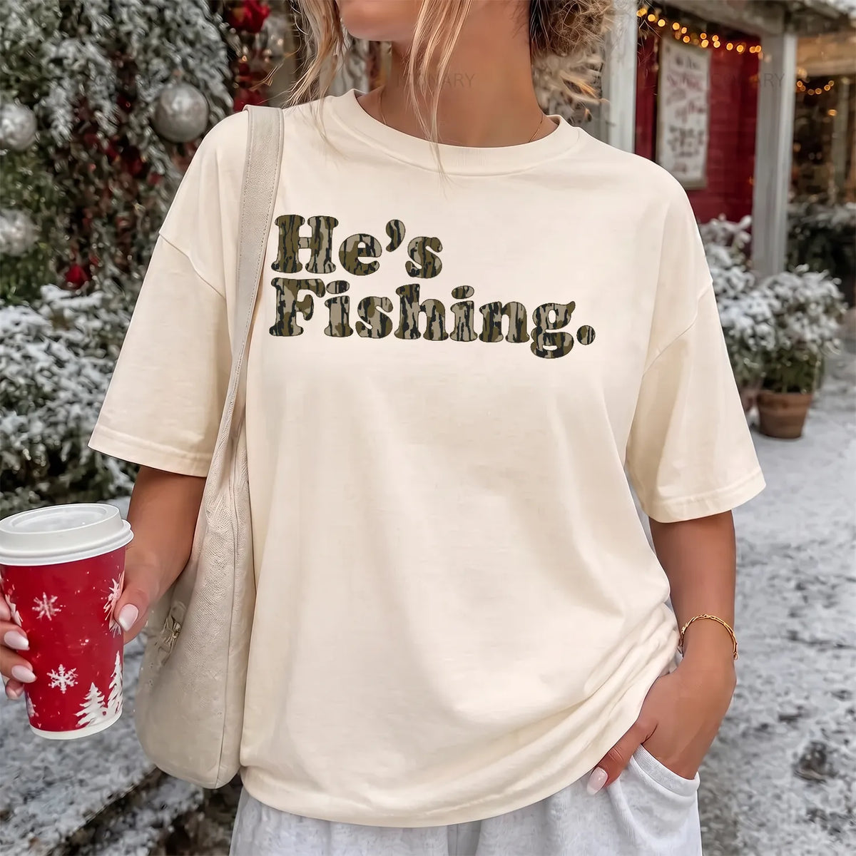 He's Fishing Camo Block T-Shirt Women model in Ivory