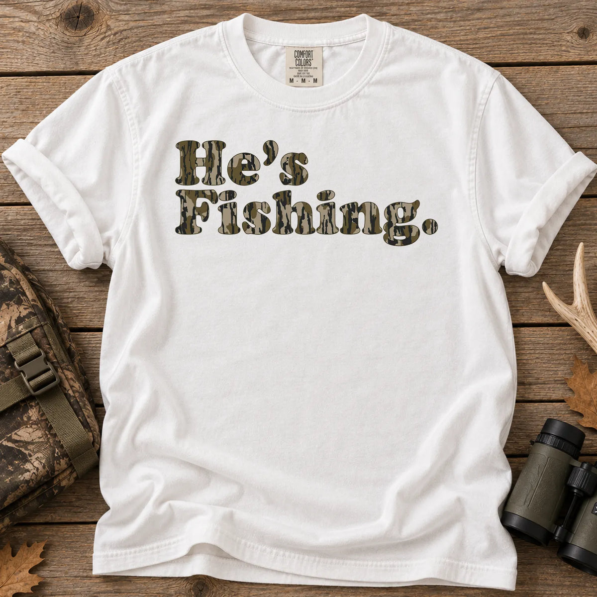 He's Fishing Camo Block T-Shirt in White