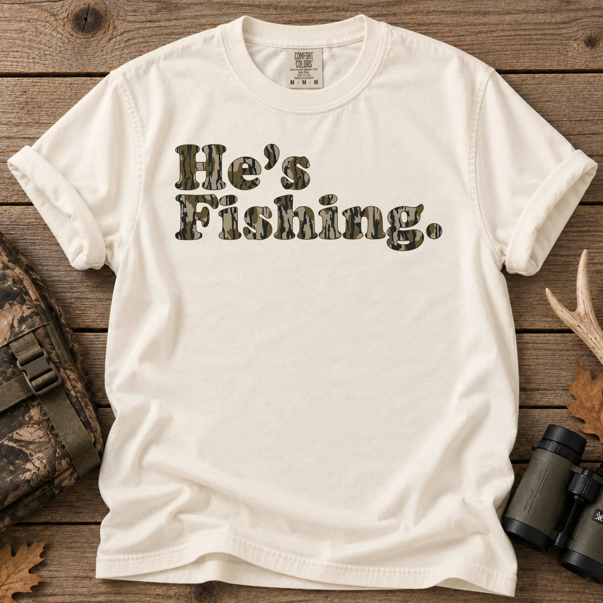 He's Fishing Camo Block T-Shirt in Ivory