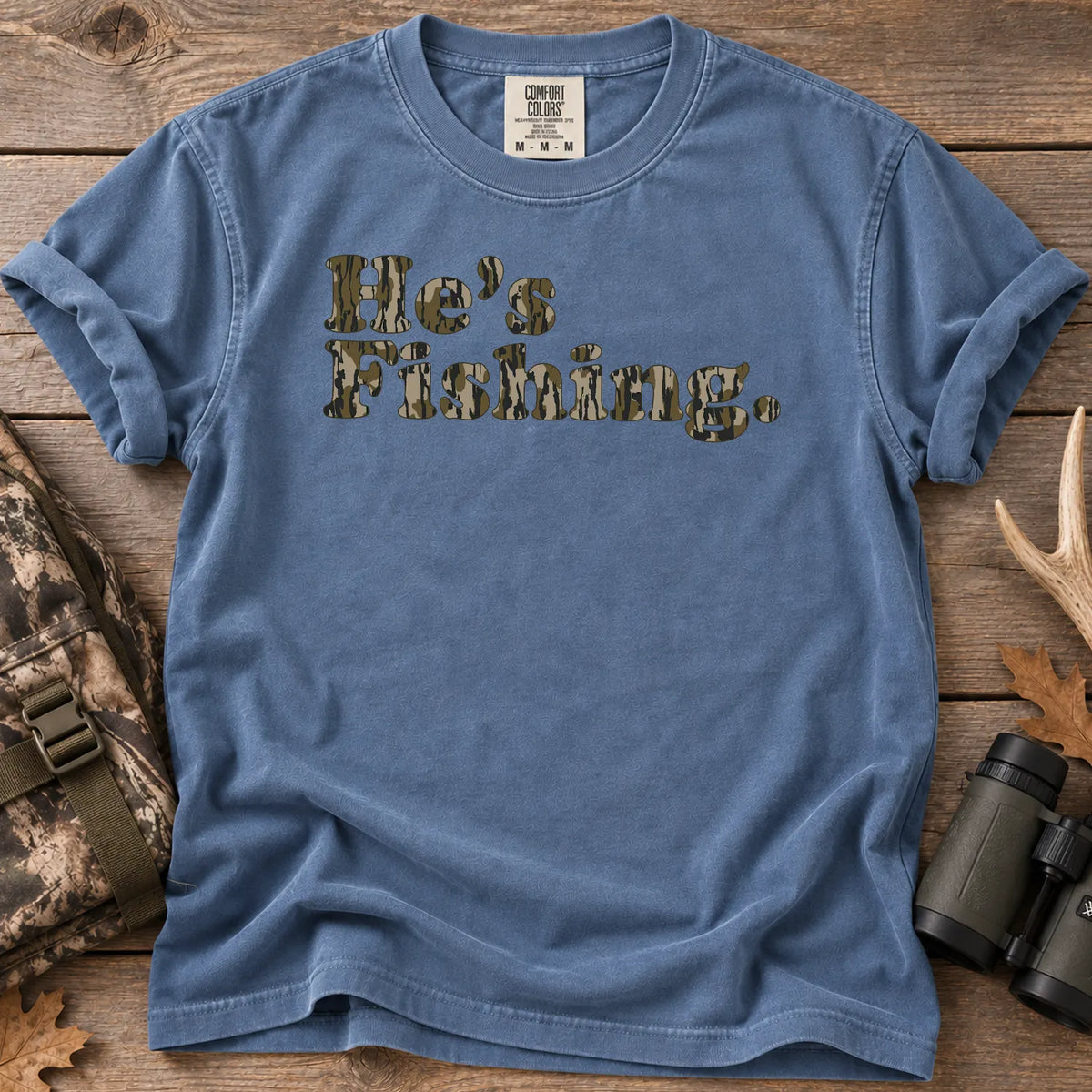 He's Fishing Camo Block T-Shirt in Blue Jean