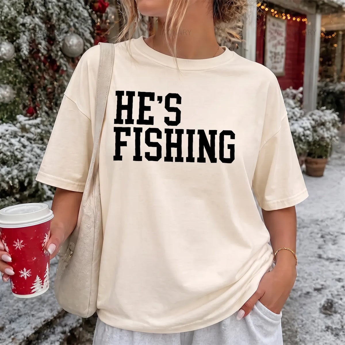 He's Fishing Camo T-Shirt Women model in Ivory