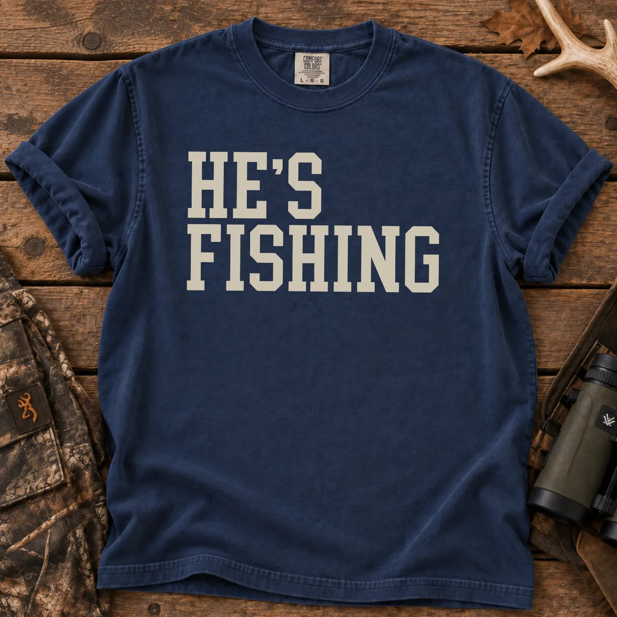 He's Fishing Camo T-Shirt in True Navy