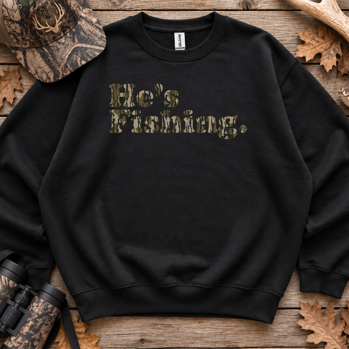 Hes Fishing Camo Text Sweatshirt in Black