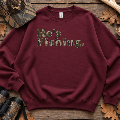Hes Fishing Camo Text Sweatshirt in Maroon