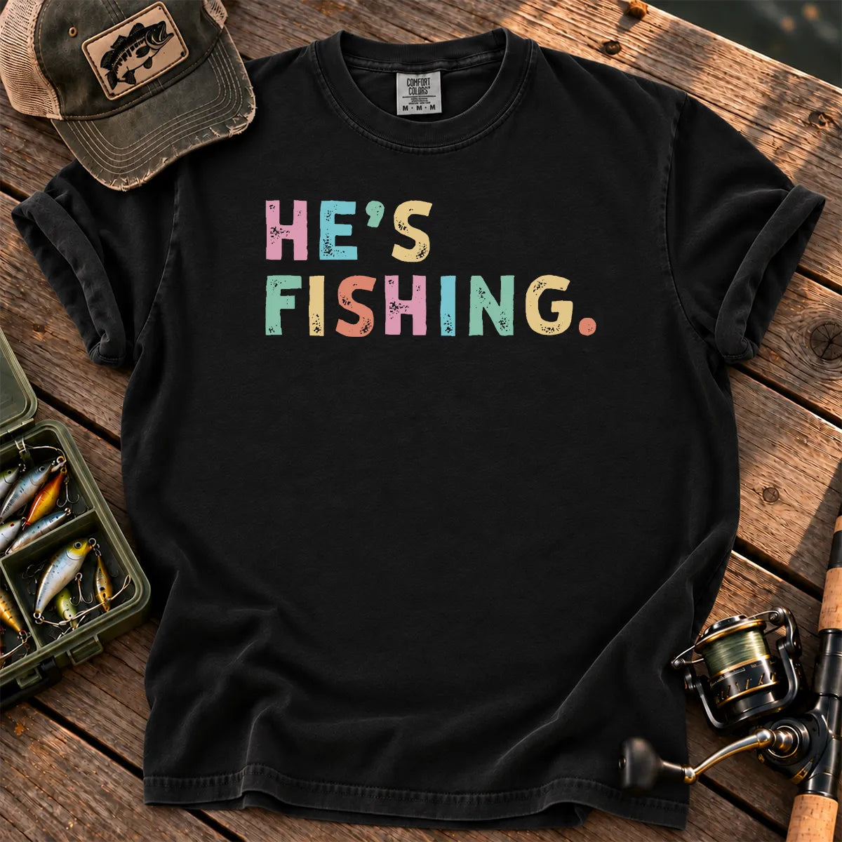 He's Fishing Pastel T-Shirt in Black