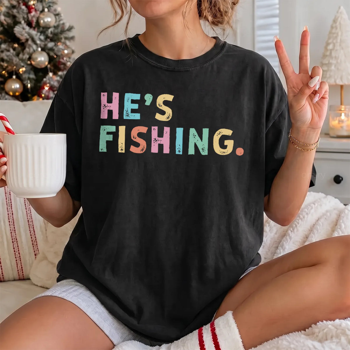 He's Fishing Pastel T-Shirt Women model in Black