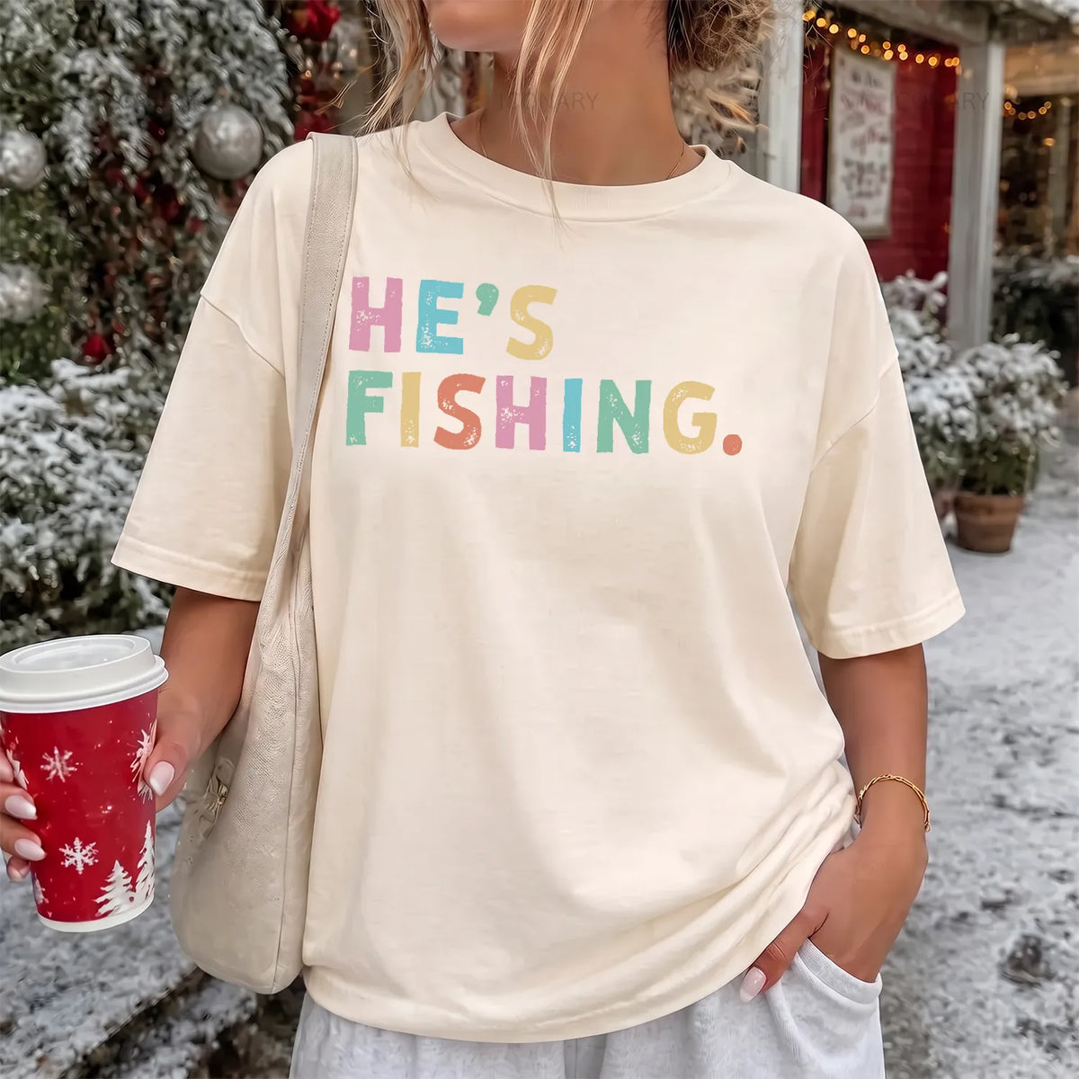 He's Fishing Pastel T-Shirt Women model in Ivory
