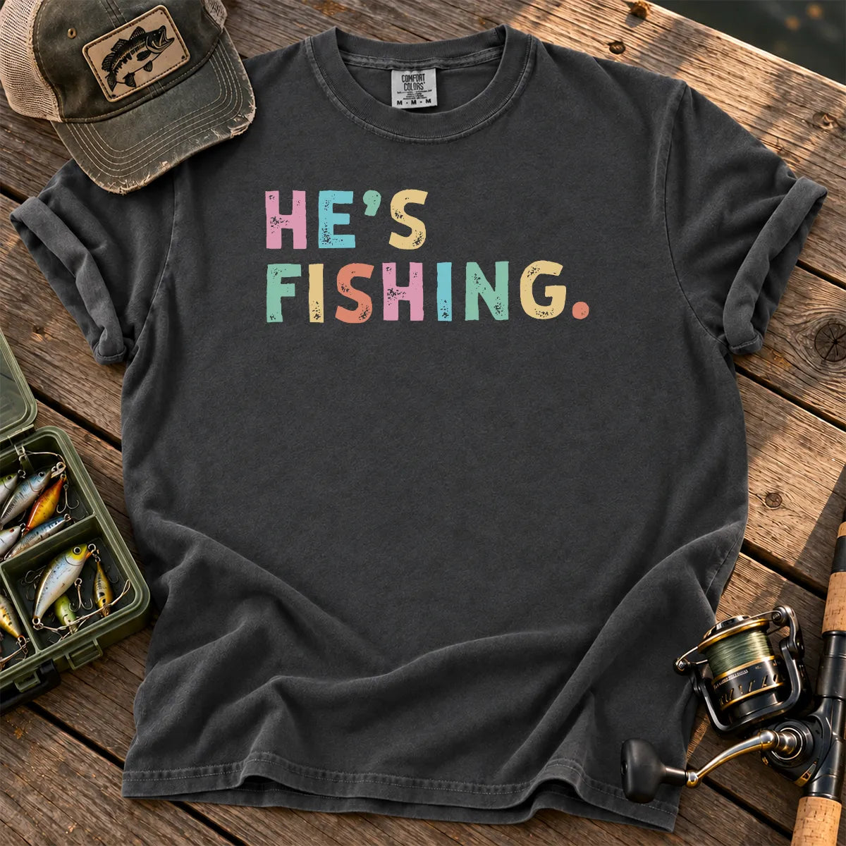He's Fishing Pastel T-Shirt in Pepper
