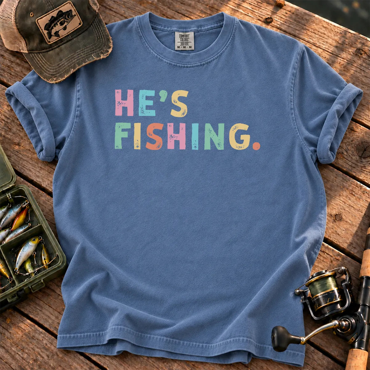 He's Fishing Pastel T-Shirt in Blue Jean