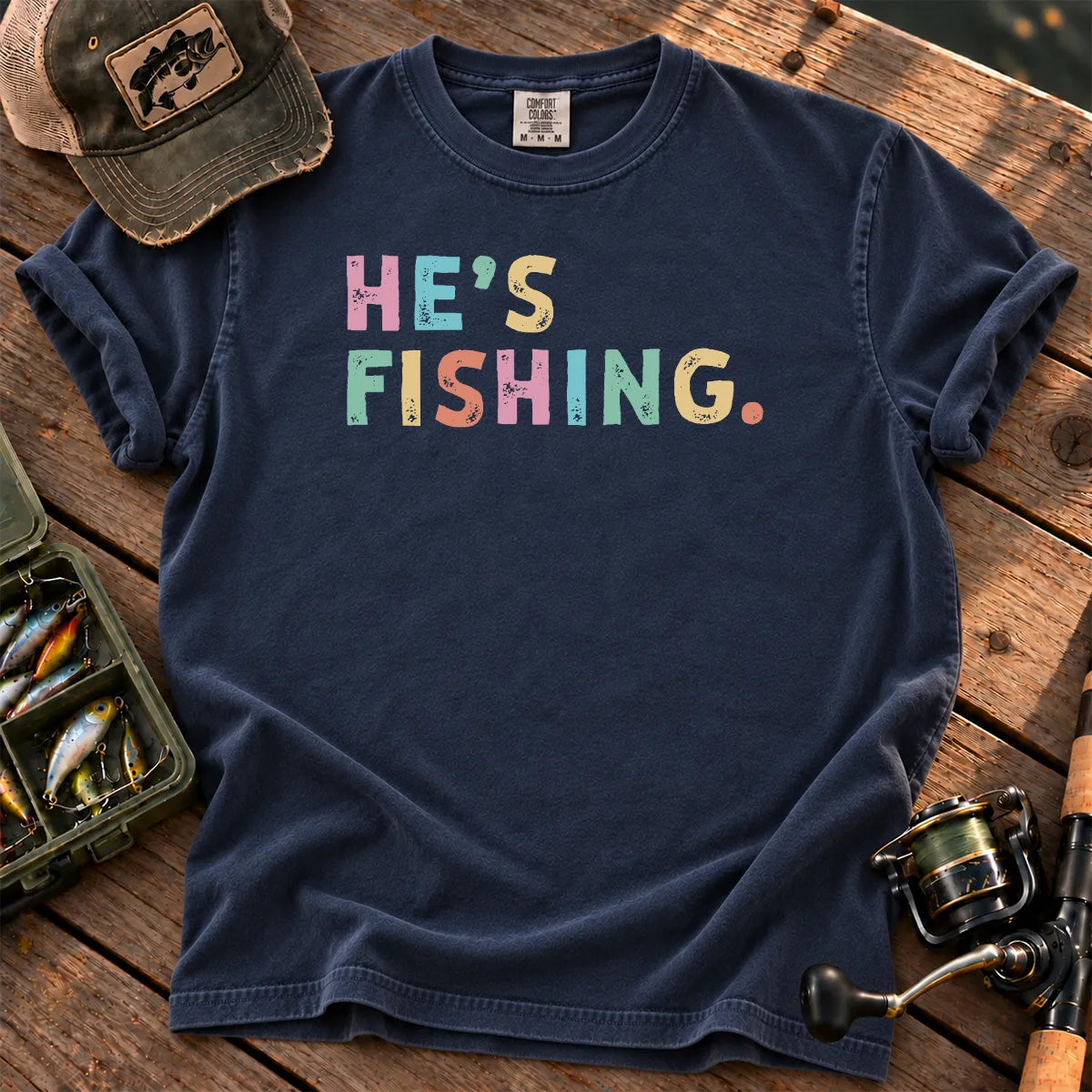 He's Fishing Pastel T-Shirt in True Navy
