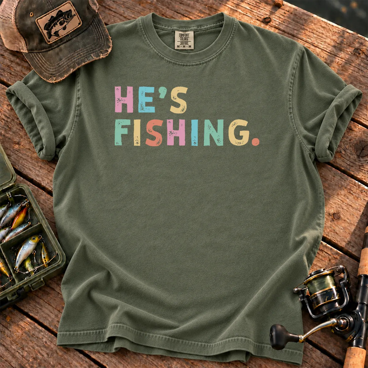 He's Fishing Pastel T-Shirt in Moss