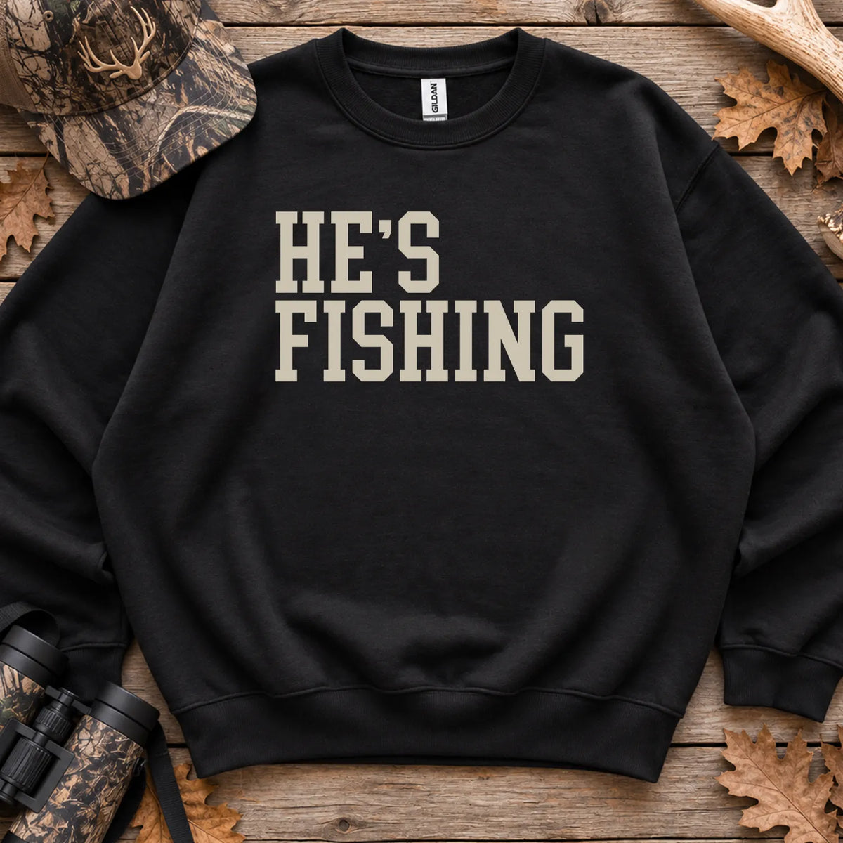 Hes Fishing Wife Humor Sweatshirt in Black