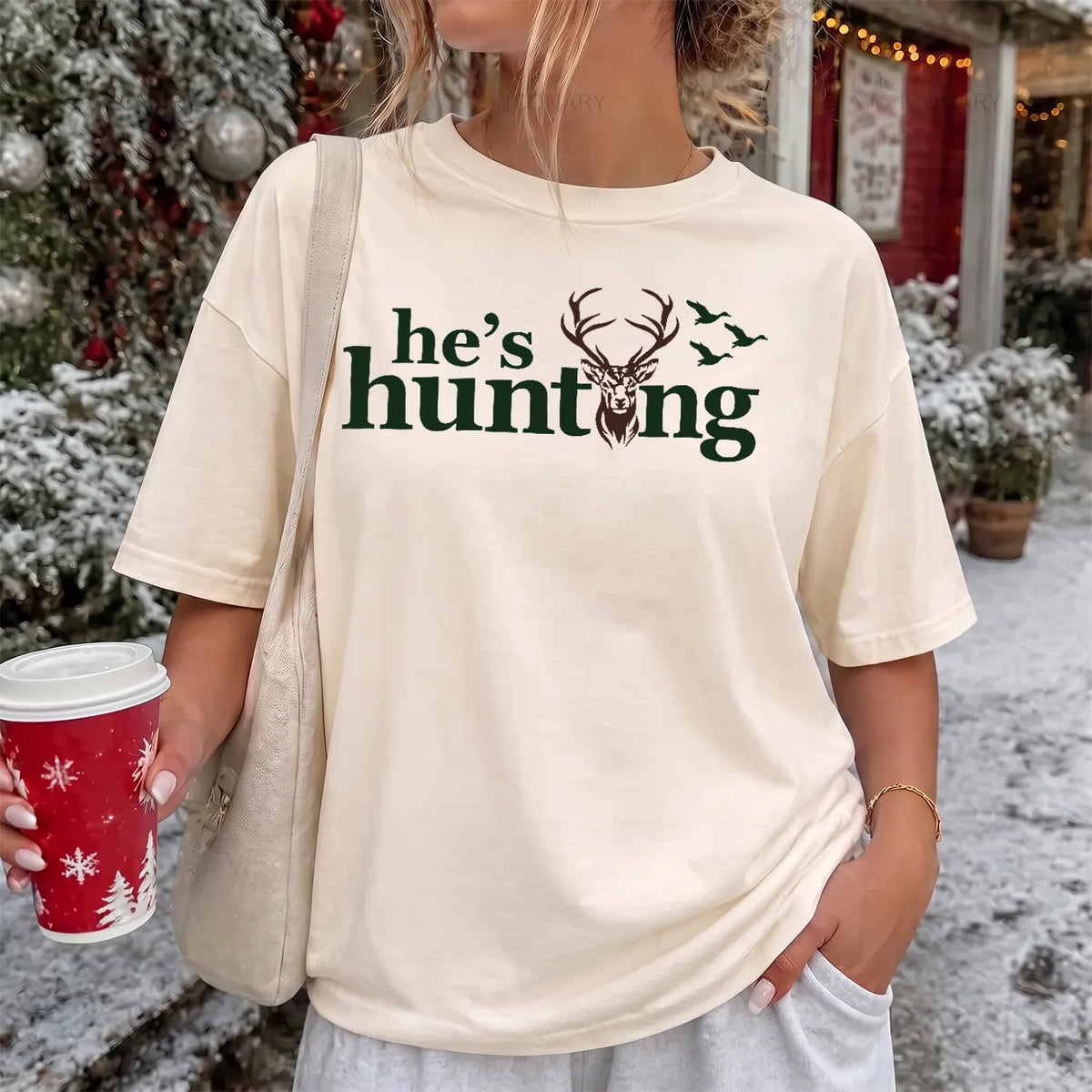 He's Hunting Antler T-Shirt Women model in Ivory