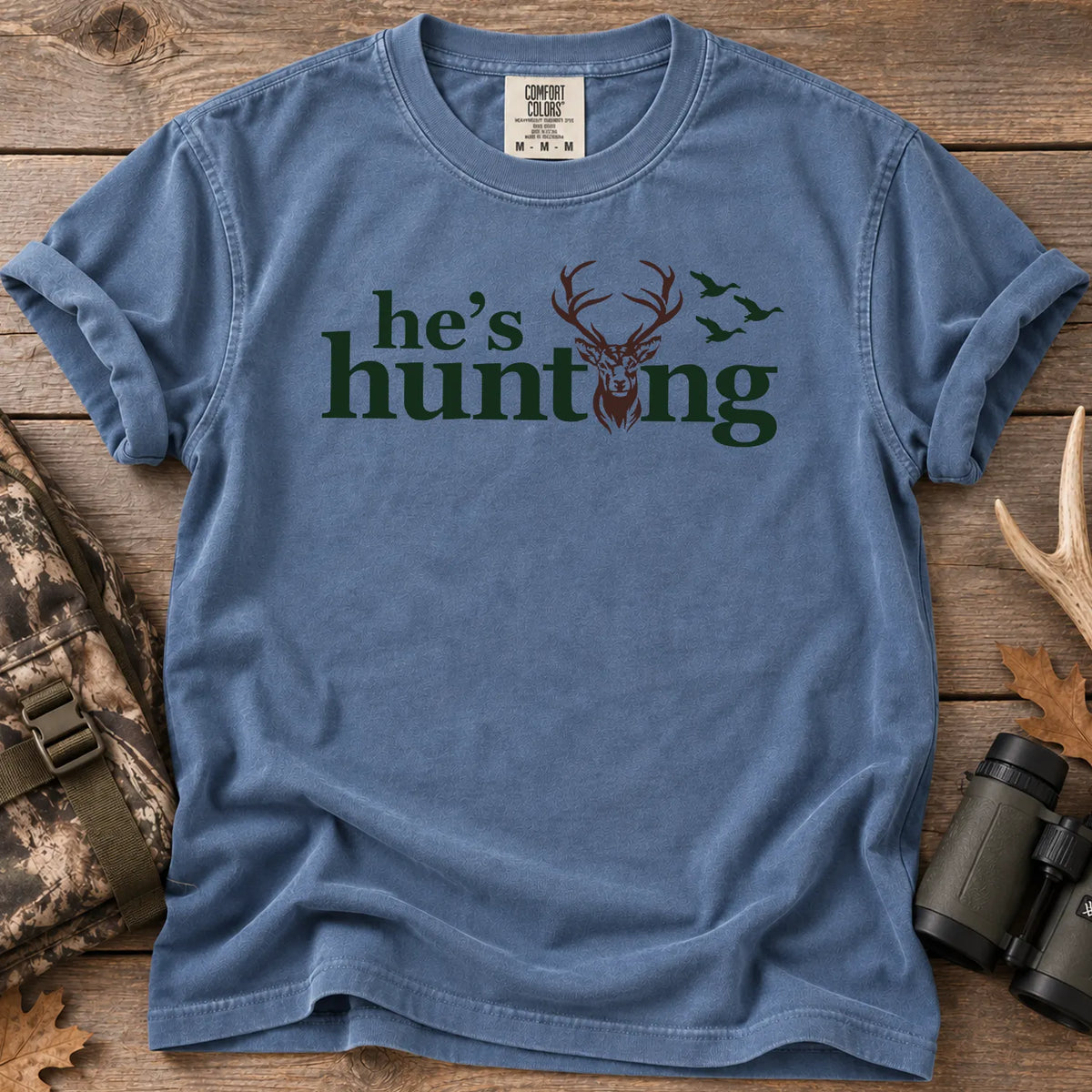 He's Hunting Antler T-Shirt in Blue Jean