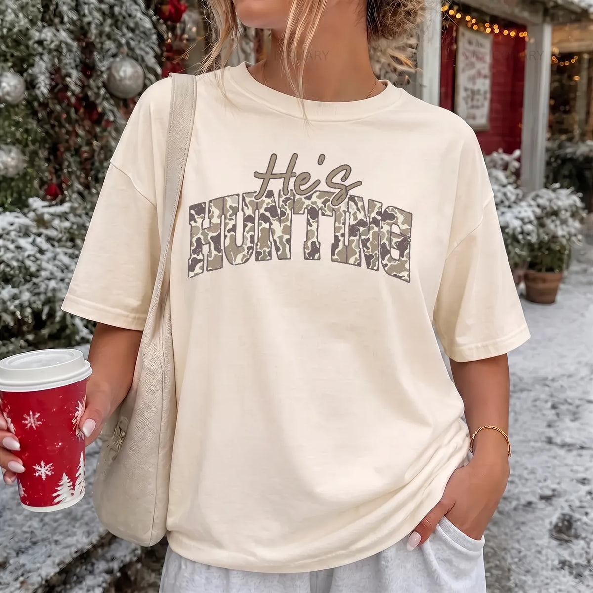 He's Hunting Block T-Shirt Women model in Ivory