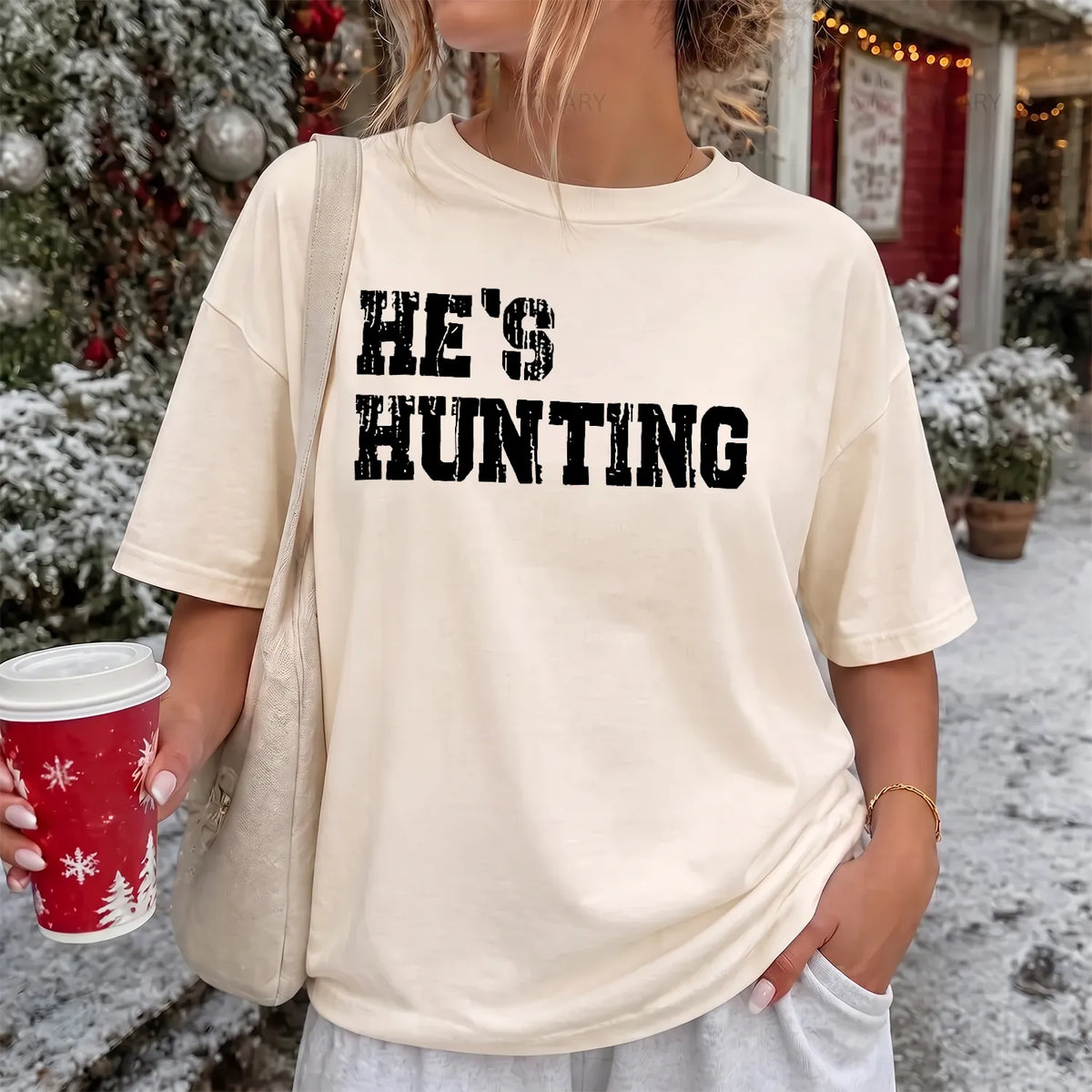 He's Hunting Bold Camo T-Shirt Women model in Ivory