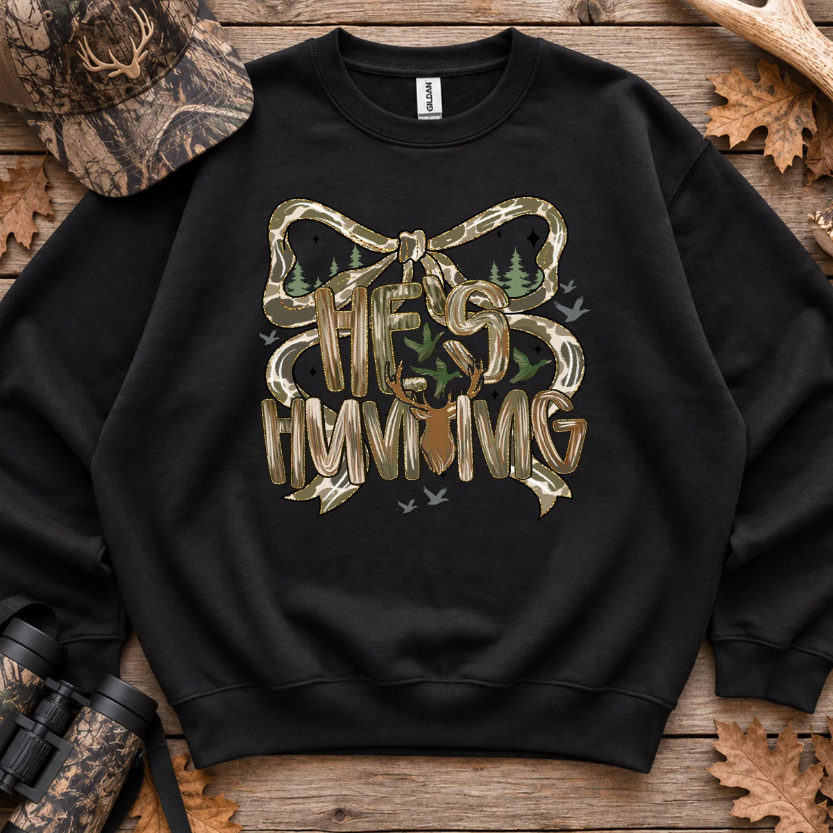 Hes Hunting Bow Typography Sweatshirt in Black