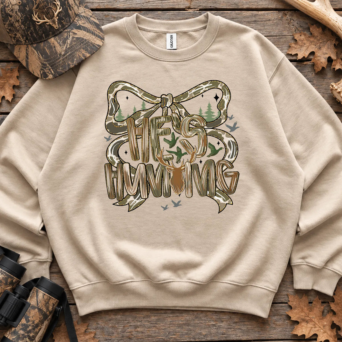 Hes Hunting Bow Typography Sweatshirt in Sand