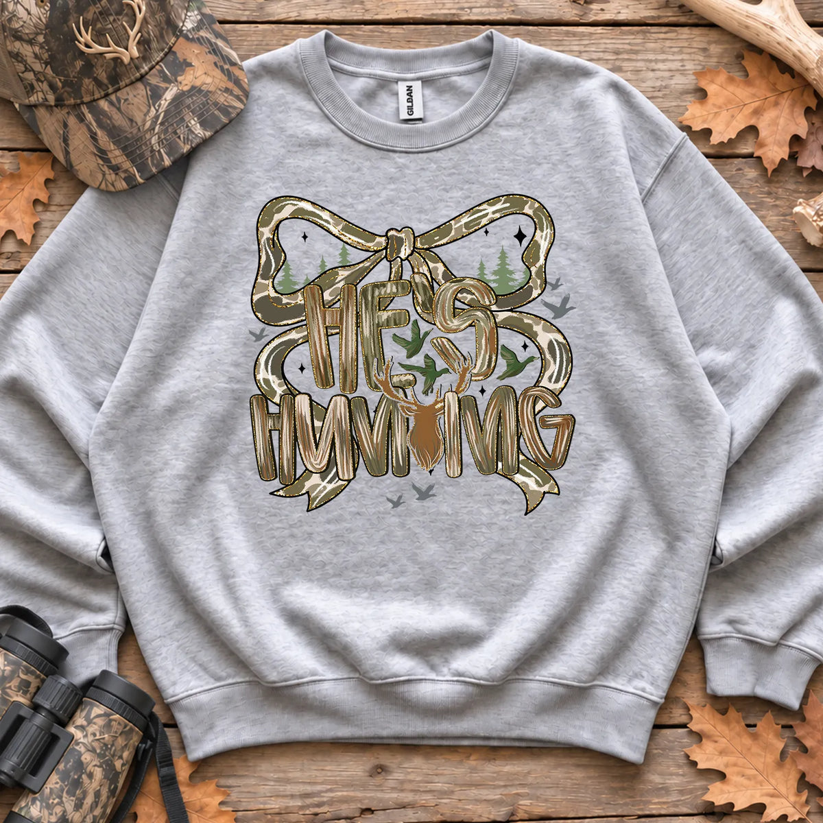 Hes Hunting Bow Typography Sweatshirt in Sport Grey