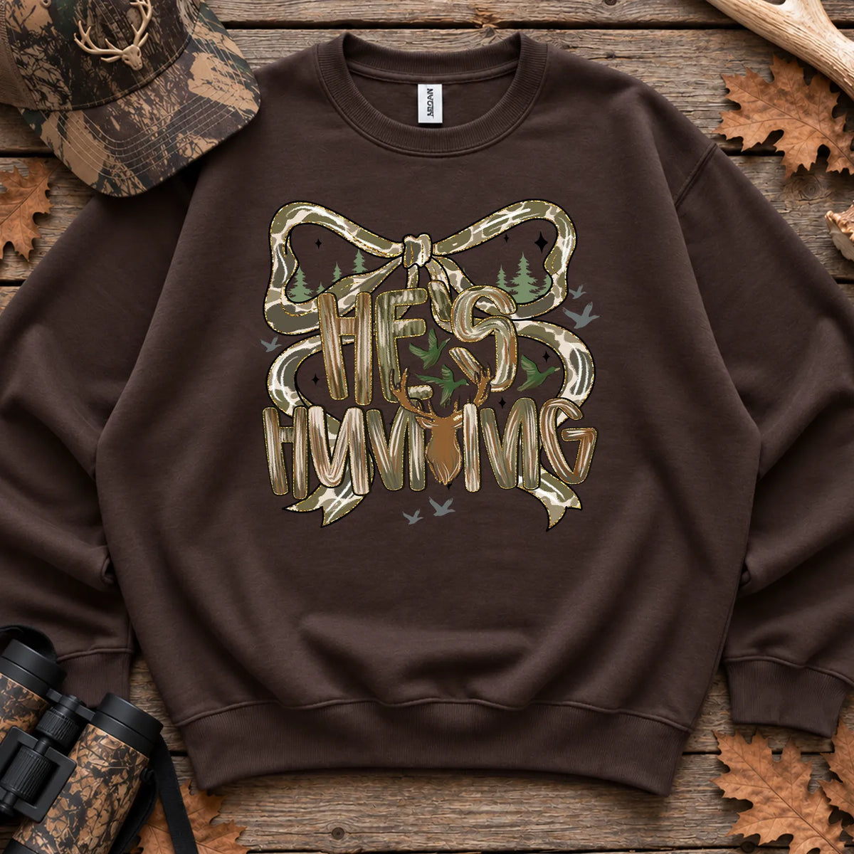 Hes Hunting Bow Typography Sweatshirt in Dark Chocolate