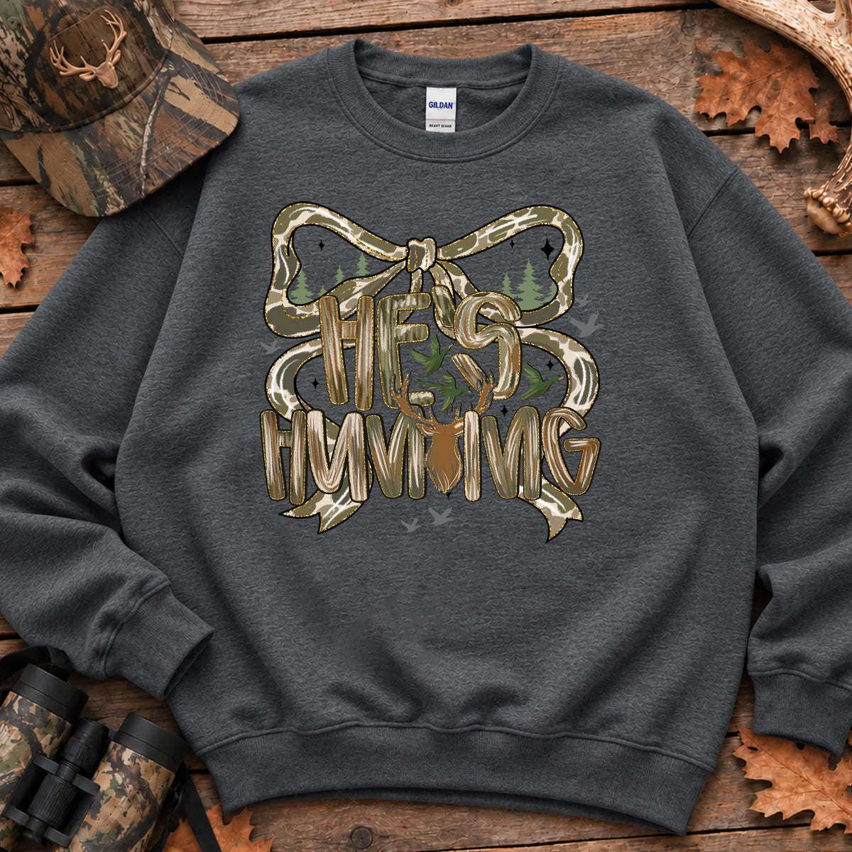 Hes Hunting Bow Typography Sweatshirt in Dark Heather